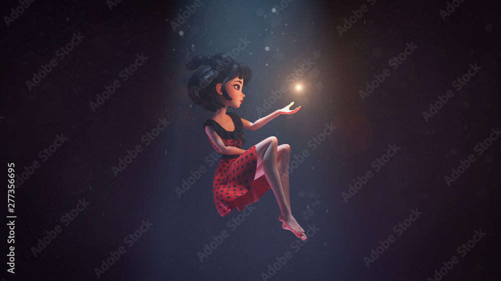 3d illustration of an asian girl sitting in the air in deep space with stars. Young cartoon woman floating in the air. Girl in the dark extends hand to the shining star. Space art. Deep dream concept.