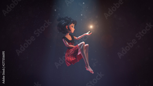 Fényképezés 3d illustration of an asian girl sitting in the air in deep space with stars
