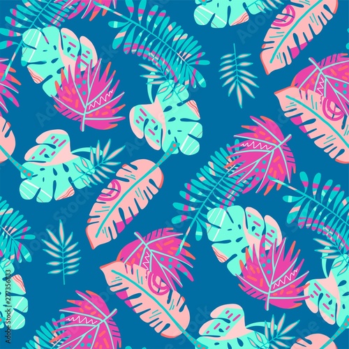 Hand drawn seamless pattern with tropical leaves.