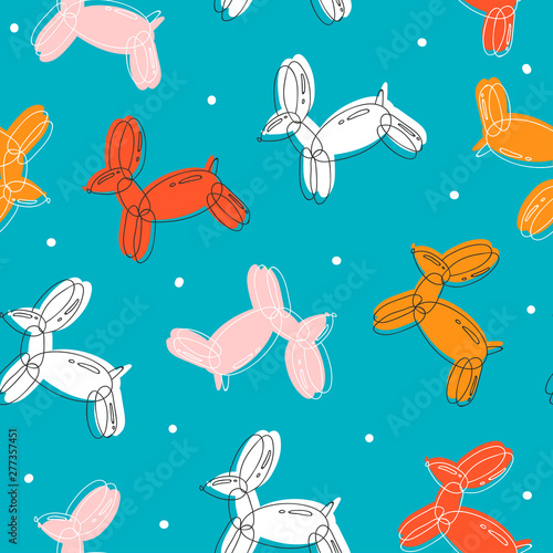 Doodle balloon dogs. Different colors. Hand drawn colorful vector seamless pattern. Trendy illustration. Flat design. Cartoon style. Blue background © Dariia
