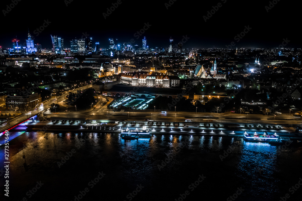 Night panorama of Warsaw, capital of Poland, Europe. Aerial view