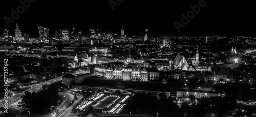 Night panorama of Warsaw, capital of Poland, Europe. Black and White. Aerial view