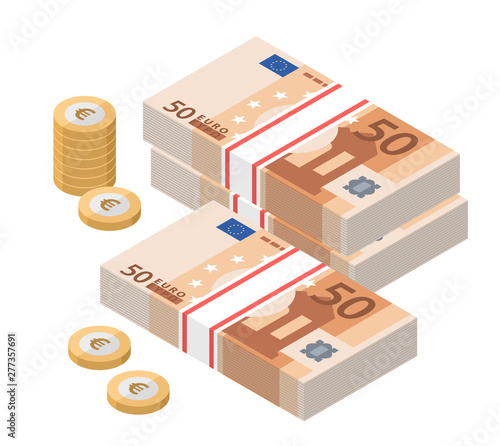 Isometric stacks of 50 euro banknotes. Paper money and coins. Fifty bills. European currency notes. Vector illustration.