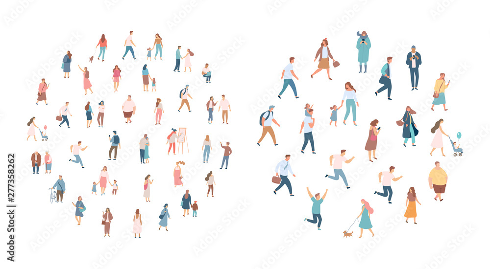 Crowd of people. Men and women flat vector set. Different walking and running people. Outdoor. Male and female. Flat vector characters isolated on white background.	 - obrazy, fototapety, plakaty 