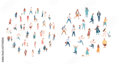 Crowd of people. Men and women flat vector set. Different walking and running people. Outdoor. Male and female. Flat vector characters isolated on white background.	