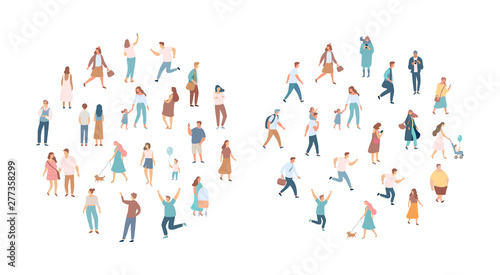 Crowd of people. Men and women flat vector set. Different walking and running people. Outdoor. Male and female. Flat vector characters isolated on white background. 