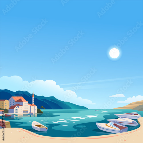 Vector flat landscape illustration of beautiful nature view: sky, mountains, water, cozy European town houses on sea coast. For travel banner, card, vacation touristic advertising, brochure, flayer.