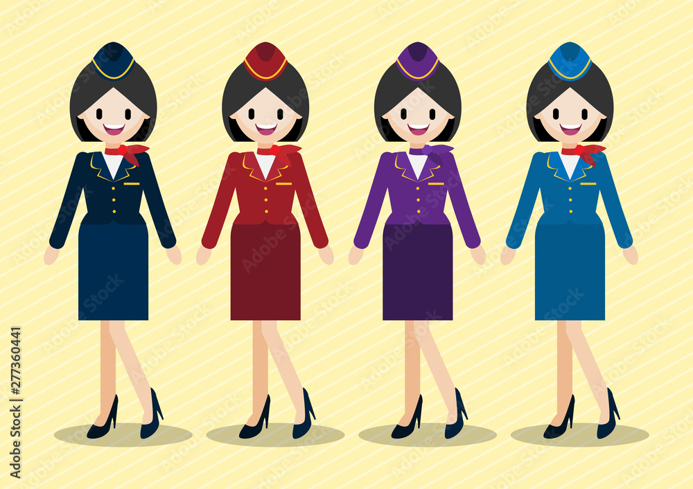 Cartoon character with beautiful air hostess and four work uniform styles. Flat vector illustration Cartoon character with beautiful air hostess and four work uniform styles. Flat vector illustration