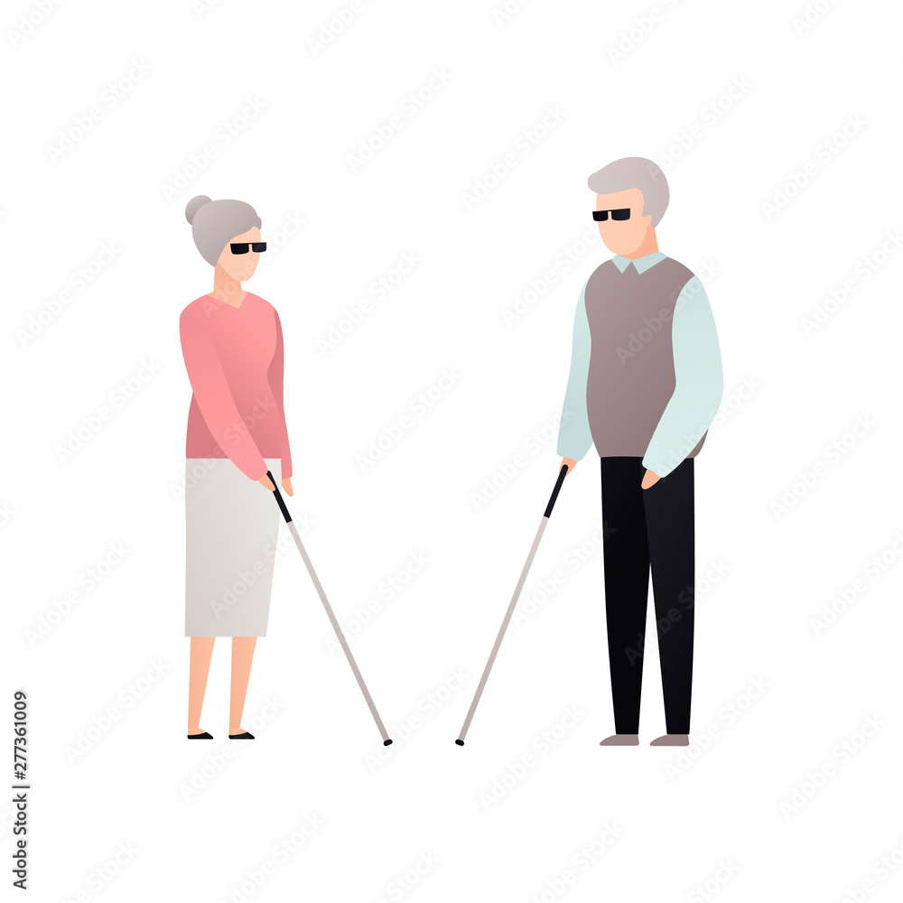 Vector blind character people flat illustration. A pair of senior man and woman in glasses with stick standing isolated on white background. Modern design element for social care service, relatioship Vector blind character people flat illustration. A pair of senior man and woman in glasses with stick standing isolated on white background. Modern design element for social care service, relatioship