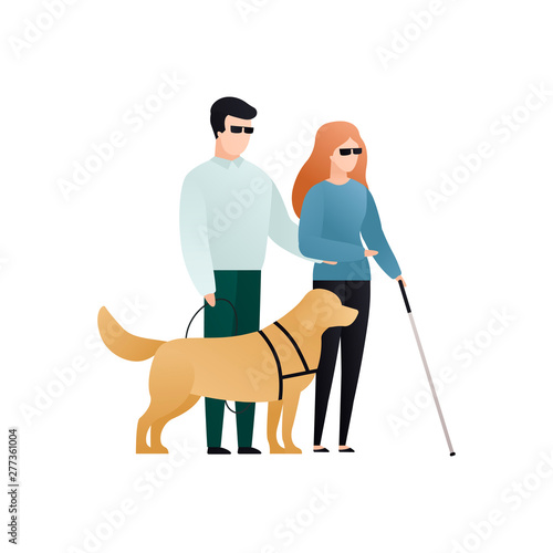 Vector blind character people flat illustration. Pair in glasses with cane walking with guide dog. Modern design element for social care service, diversity, accessebility, relationship, love