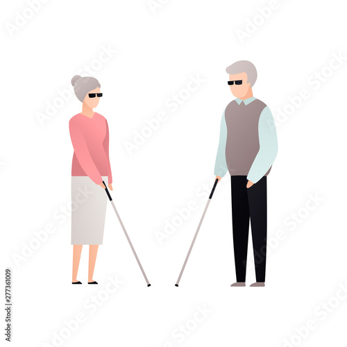 Vector blind character people flat illustration. A pair of senior man and woman in glasses with stick standing isolated on white background. Modern design element for social care service, relatioship
