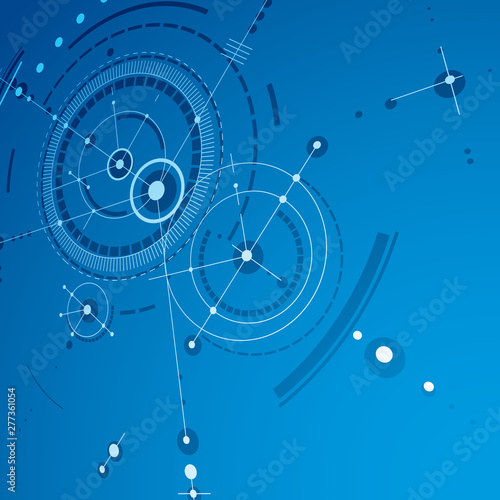 Bauhaus art dimensional composition, perspective blue modular vector wallpaper with circles and grid. Retro style pattern, graphic backdrop for use as booklet cover template.