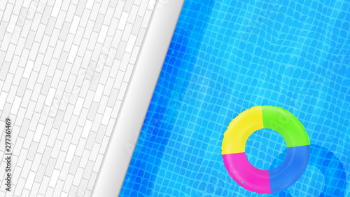 Swimming pool top view. Water background. Swim rings. Trendy. Inflatable rubber toy. Realistic summertime illustration. Summer vacation. Trip. Resort. Hotel. Top view swimming circles.