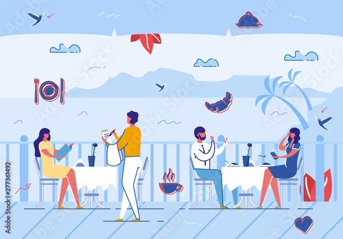 People Relaxing in Summer Cafe Outdoors, Vacation
