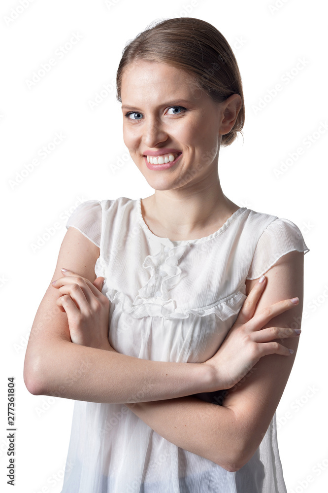 Portrait of beautiful young woman isolated on white background