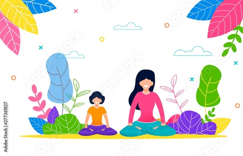 Happy Mom and Daughter do Yoga Outdoors in Pack