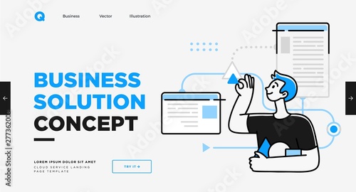 Presentation slide template or landing page website design. Business concept illustrations. Modern flat outline style. Research innovations and solutions