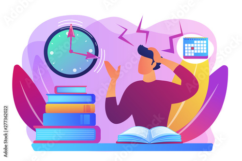 Terrible time crunch, cramming material before tests, examination. Exams and test results, personal exam timetable, exam stress and anxiety concept. Bright vibrant violet vector isolated illustration