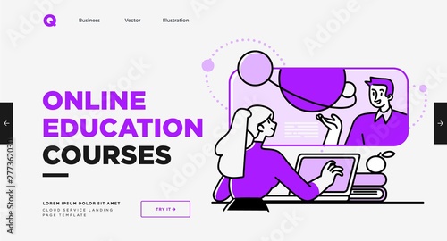 Presentation slide template or landing page website design. Business concept illustrations. Modern flat outline style. Online education courses