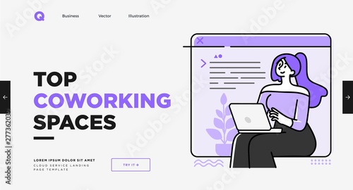 Presentation slide template or landing page website design. Business concept illustrations. Modern flat outline style. Working space concept © stonepic