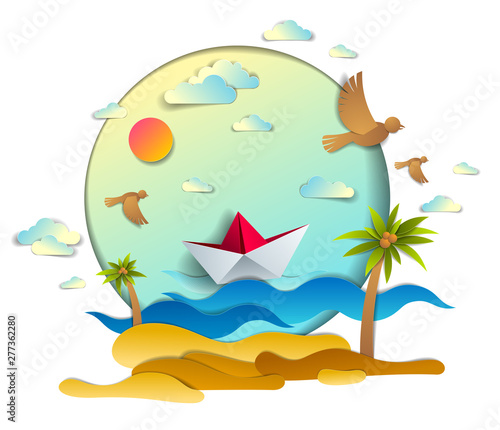 Paper ship swimming in sea waves with beautiful beach and palms, origami folded toy boat floating in the ocean with beautiful scenic seascape with birds and clouds in the sky, vector.