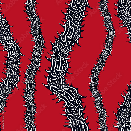Horror art style seamless pattern, vector background. Blackthorn branches with thorns stylish endless illustration. Hard Rock and Heavy Metal subculture music textile fashion stylish design.