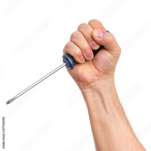 Male Hand with screwdriver. Human Hand holding tool, Isolated on White Background.