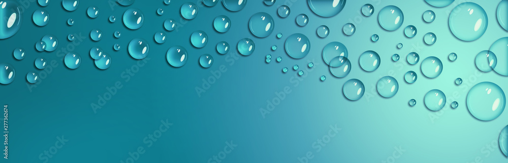 Drops of water on the blue surface are made in a realistic manner. Natural shape, shadows and highlights. Place for text