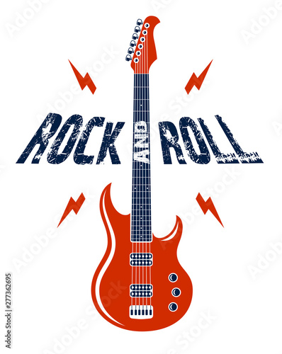 Rock and Roll emblem with electric guitar vector logo, concert festival or night club label, music theme illustration, guitar shop or t-shirt print, rock band sign with stylish typography.