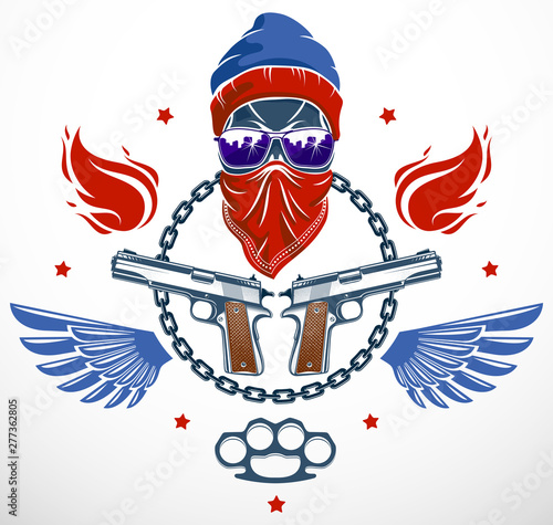 Anarchy and Chaos aggressive emblem or logo with wicked skull, weapons and different design elements , vector vintage scull tattoo, rebel gangster criminal and revolutionary.