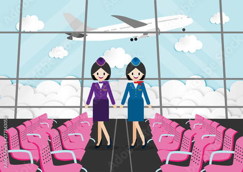 Cartoon character with passenger room in airport terminal and beautiful air hostess, Flat vector illustration.