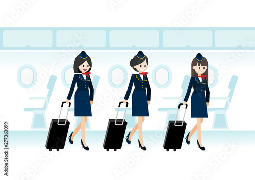Cartoon character with three beautiful air hostess holding travel bag on jet passenger and the seat flight, aircraft seats line in cabin. Flat icon style vector.
