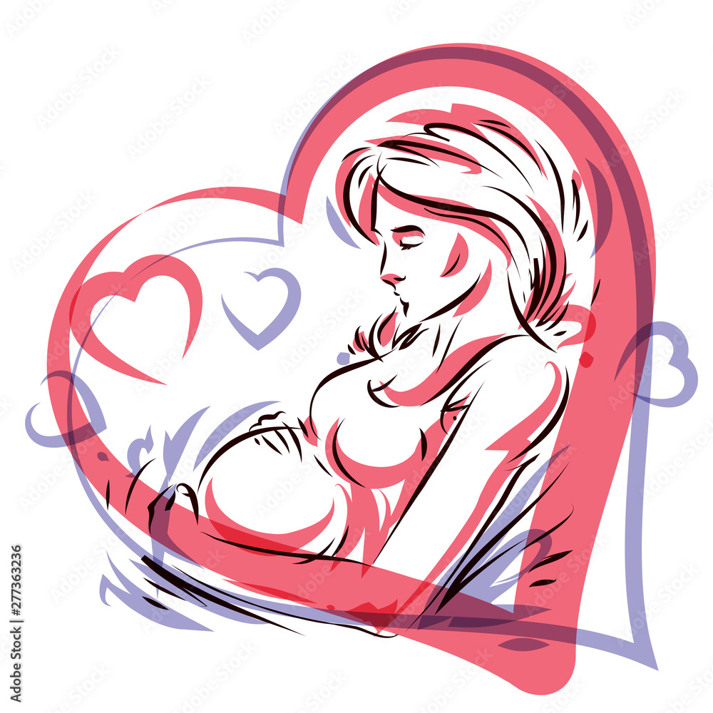 Pregnant woman graceful body outline surrounded by heart shape frame. Vector illustration of mother-to-be fondles her belly. Happiness and caress concept. Pregnant woman graceful body outline surrounded by heart shape frame. Vector illustration of mother-to-be fondles her belly. Happiness and caress concept.