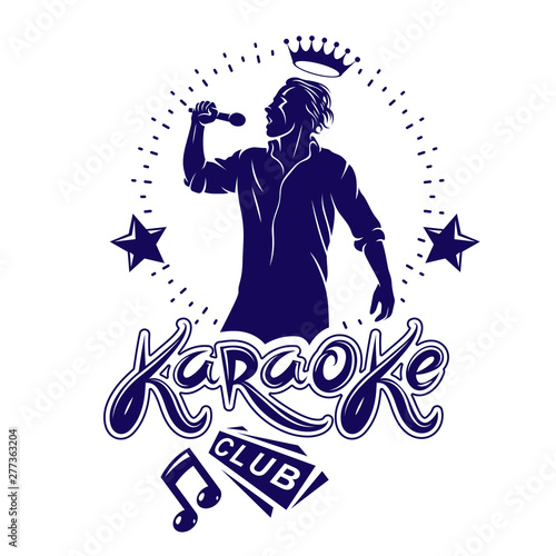 Karaoke club flyers vector cover design created using musical notes, stars and soloist singing to microphone. Emcee show advertising poster