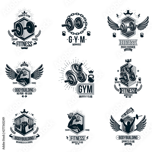 Set of vector cross fit and fitness theme emblems and motivational posters created with dumbbells, barbells, kettle bells sport equipment and muscular athlete body silhouettes.