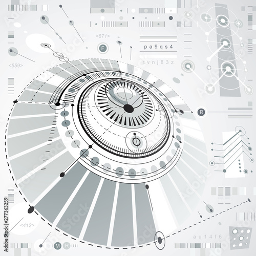 Dimensional abstract circular mechanical scheme, 3d technological pattern. Vector industrial and engineering background.