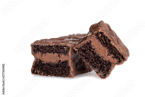 closeup sliced cream filled chocolate bar cakes