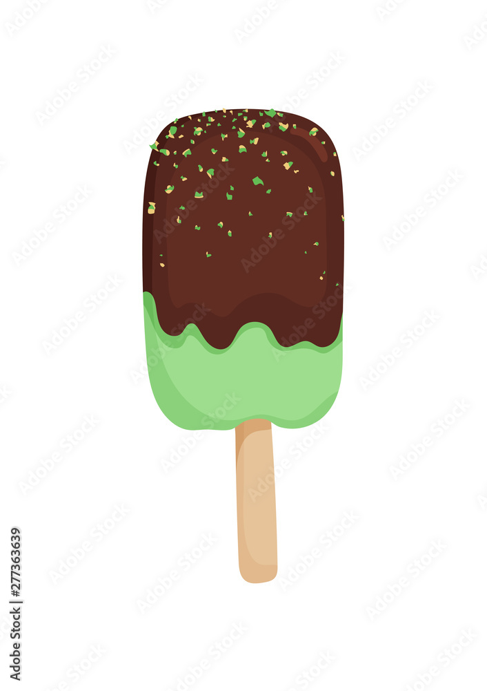 Chocolate ice cream pistachios and nuts isolated on white background. Illustration of ice cream in cartoon style. Vector Chocolate ice cream pistachios and nuts isolated on white background. Illustration of ice cream in cartoon style. Vector