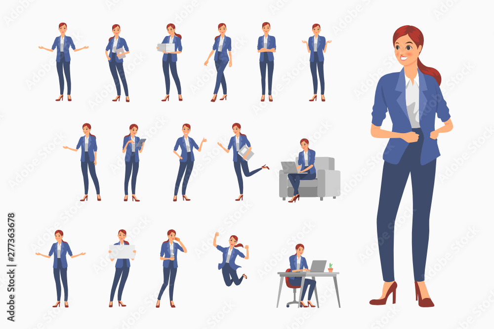 Business girls character design. Action set character of business.