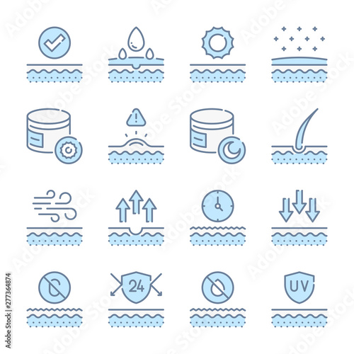 Skin care, Therapy and skin treatment related blue line colored icons.