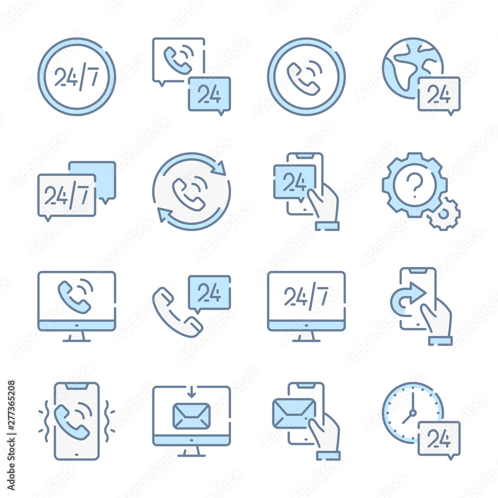 Support, Callback and Client services related blue line colored icons. Support, Callback and Client services related blue line colored icons.