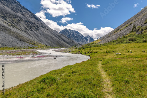 trail mountains river valley sky summer