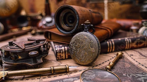 Obraz Naszyjnik z brązu i zegarka na starej mapie świata