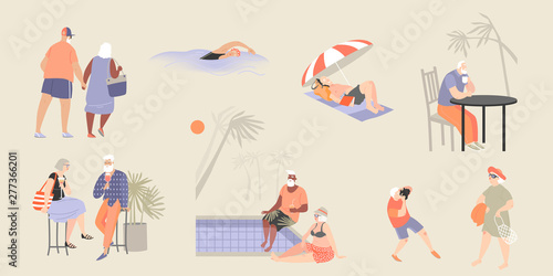 Old people relax by the pool, in a cafe and on the beach, enjoy socializing and walking