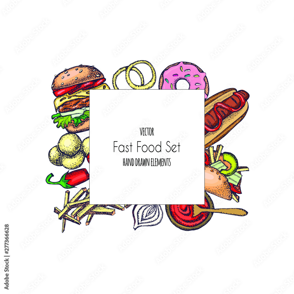 Set of hand-drawn fast food. Background with food for menu and ...