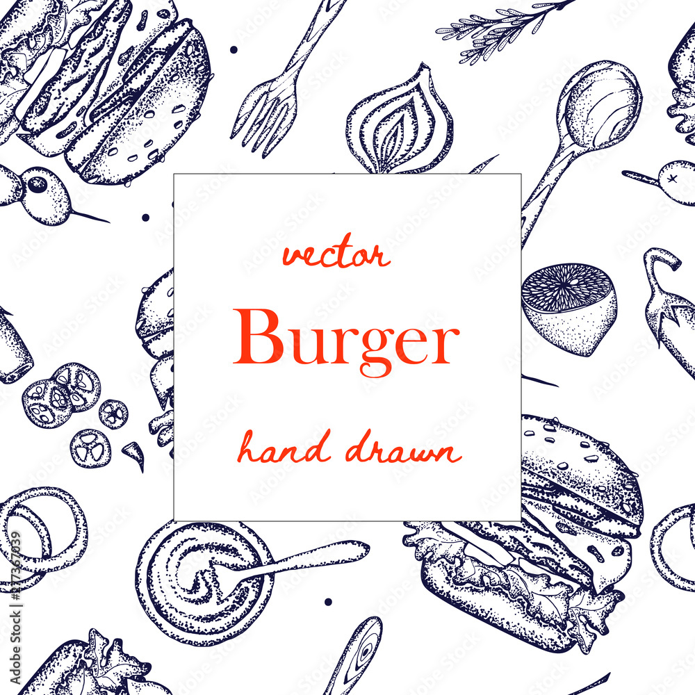 Set of hand-drawn fast food. Background with food for menu and ...