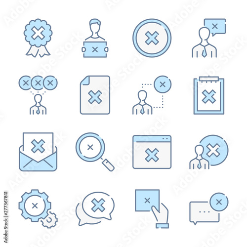 Cancellation, Disapprove and Decline related blue line colored icons.