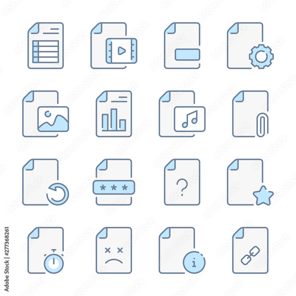 Docs, files and Document preferences related blue line colored icons. Docs, files and Document preferences related blue line colored icons.