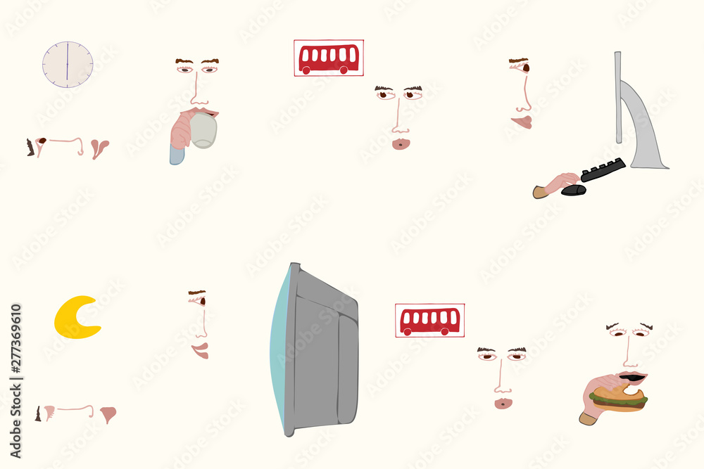 Hand illustration of a sequence of daily faces on white cream background. Poster, card, clothes, bags, pins, stickers. Hand illustration of a sequence of daily faces on white cream background. Poster, card, clothes, bags, pins, stickers.
