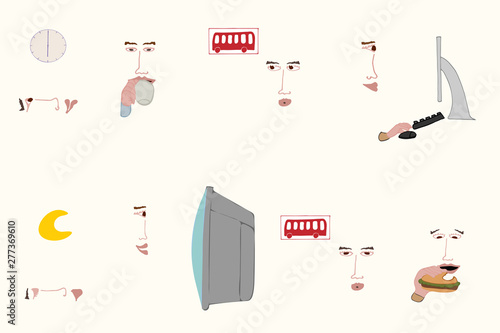 Hand illustration of a sequence of daily faces on white cream background. Poster, card, clothes, bags, pins, stickers.